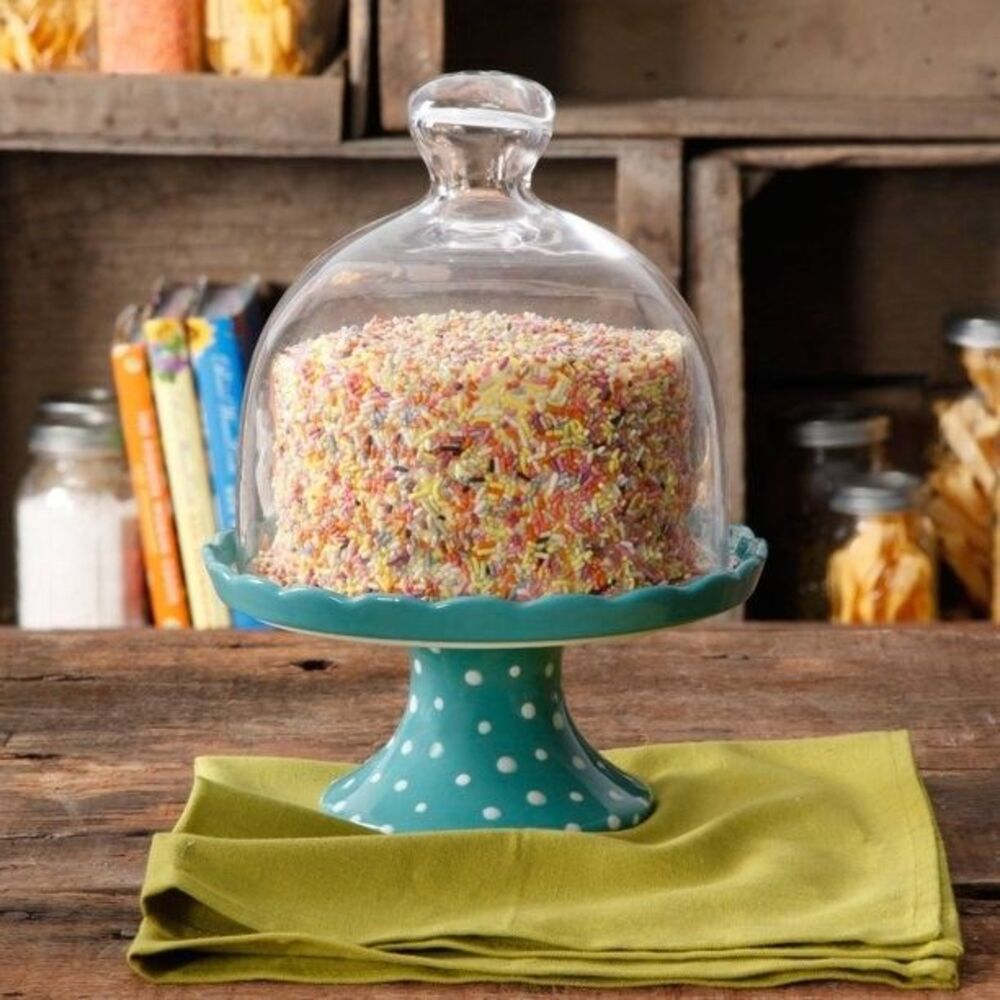 Pioneer Woman Ceramic Cupcake Stand Glass Dome 9.5"x10.2" Flea Market